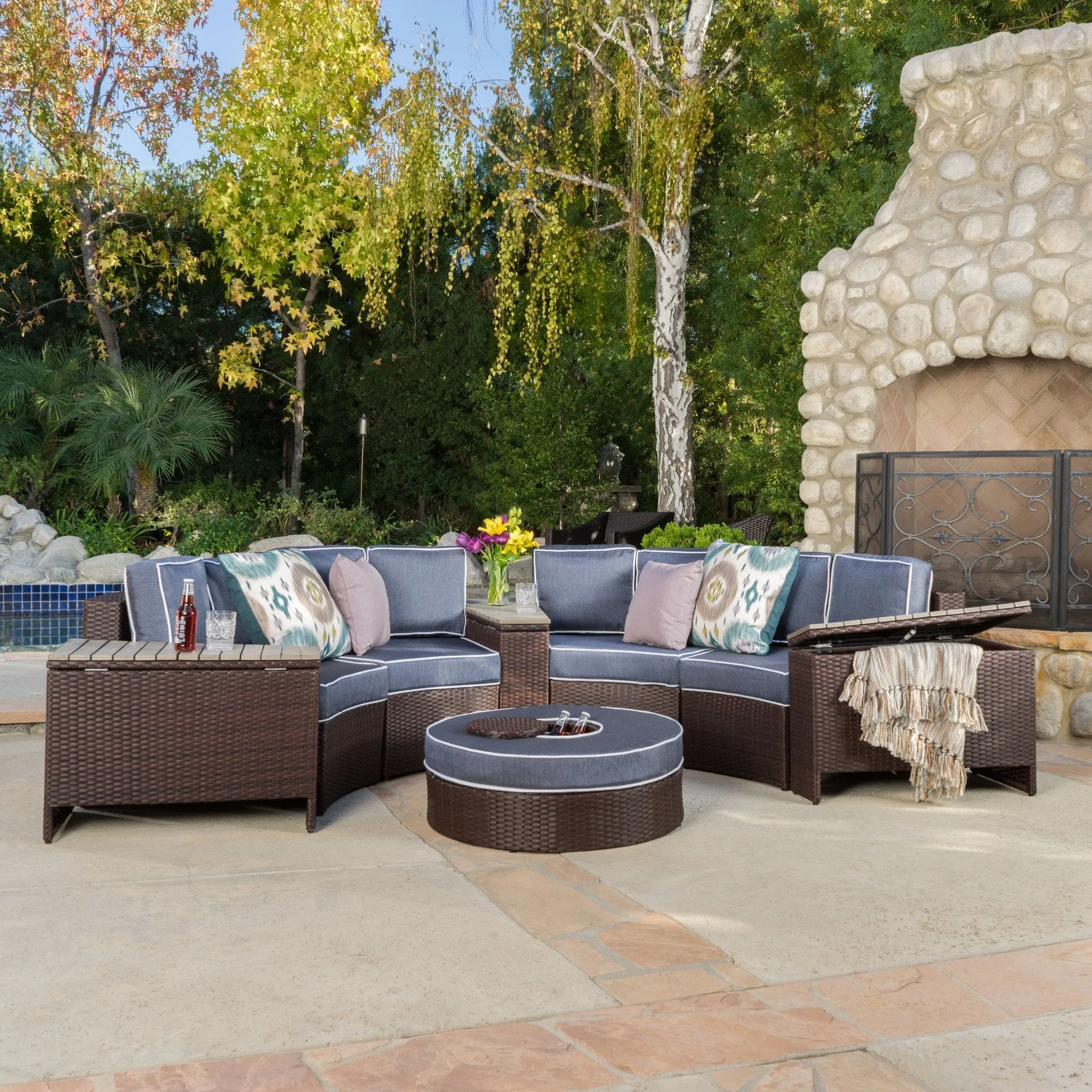 8pc Outdoor Sectional Sofa Set w/ Storage Trunks & Ice Bucket - NH650992