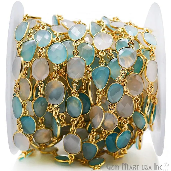 Aqua & White Chalcedony 10mm Mix Faceted Gold Plated Continuous Connector Chain