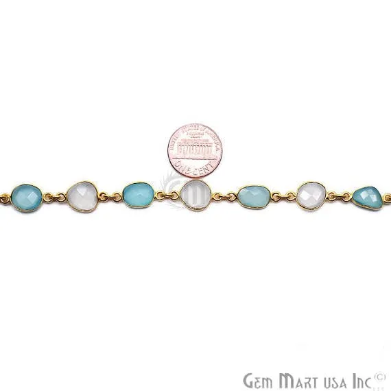 Aqua & White Chalcedony 10mm Mix Faceted Gold Plated Continuous Connector Chain