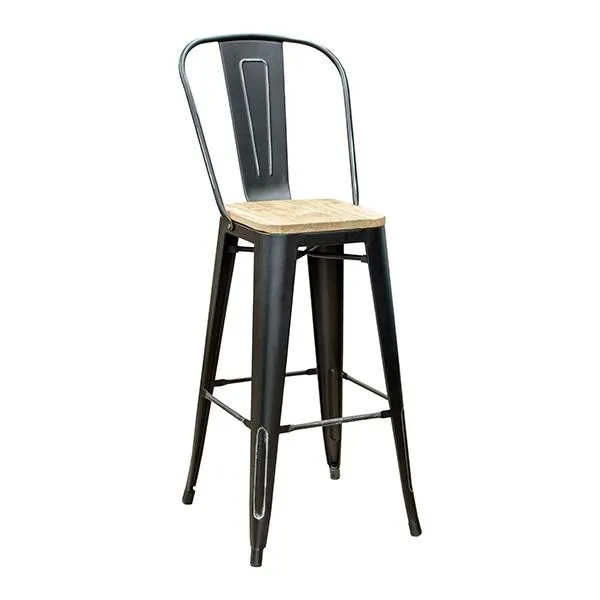 Black Weathered High Back Wood Seat Tolix Bar Stool