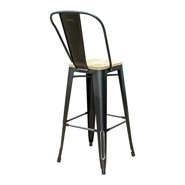 Black Weathered High Back Wood Seat Tolix Bar Stool