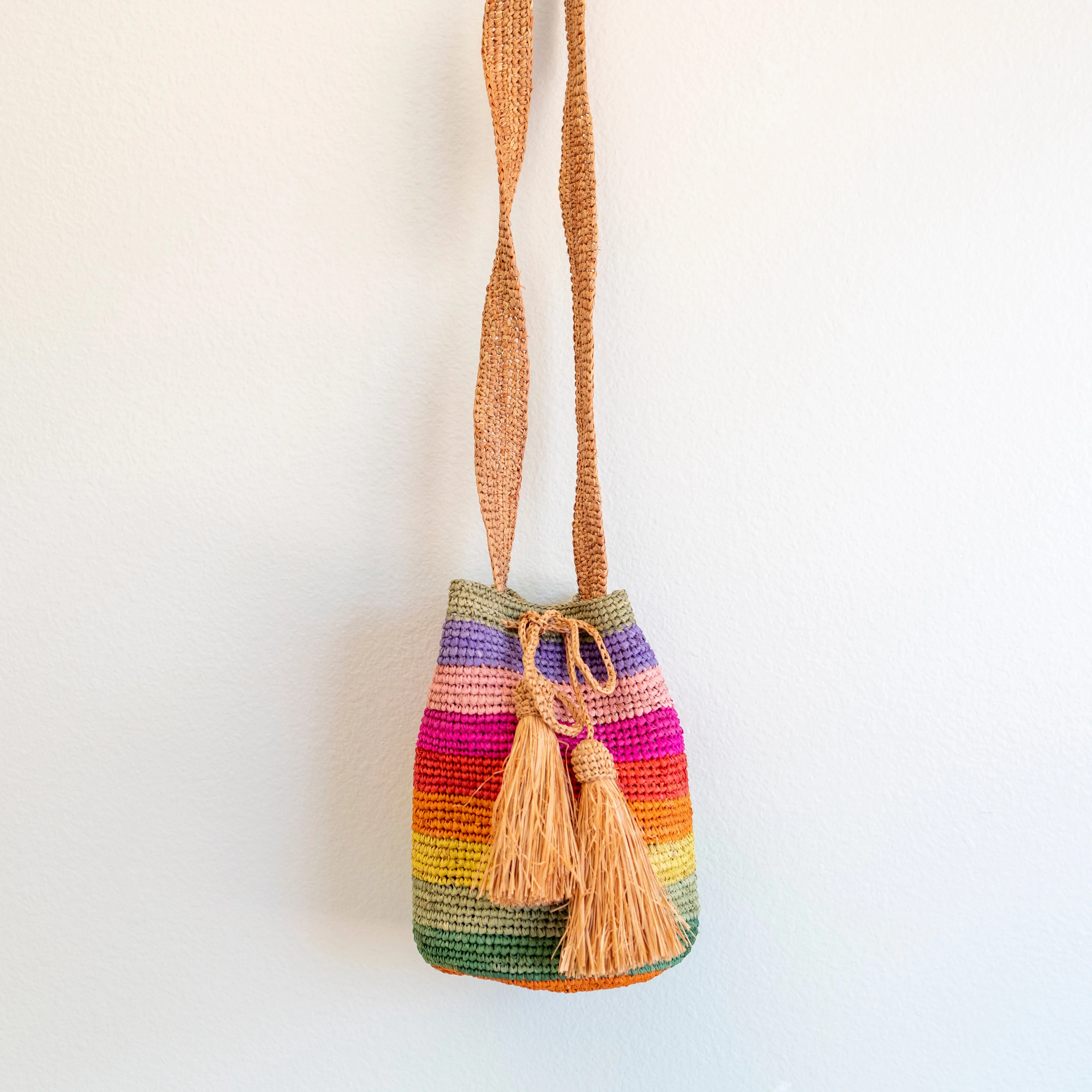 Elena Handbags Women's Raffia Straw Rainbow Crossbody Bucket Bag