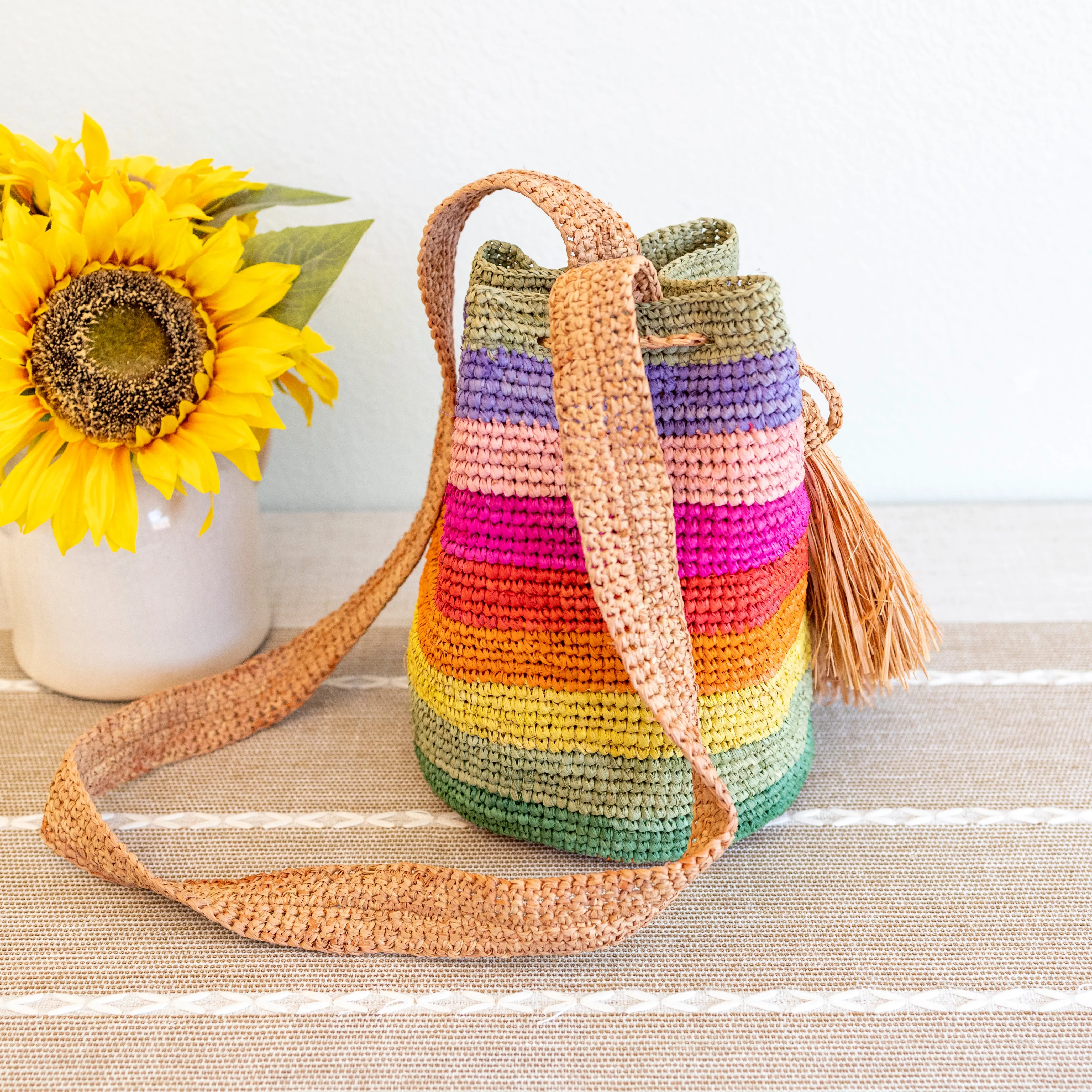 Elena Handbags Women's Raffia Straw Rainbow Crossbody Bucket Bag