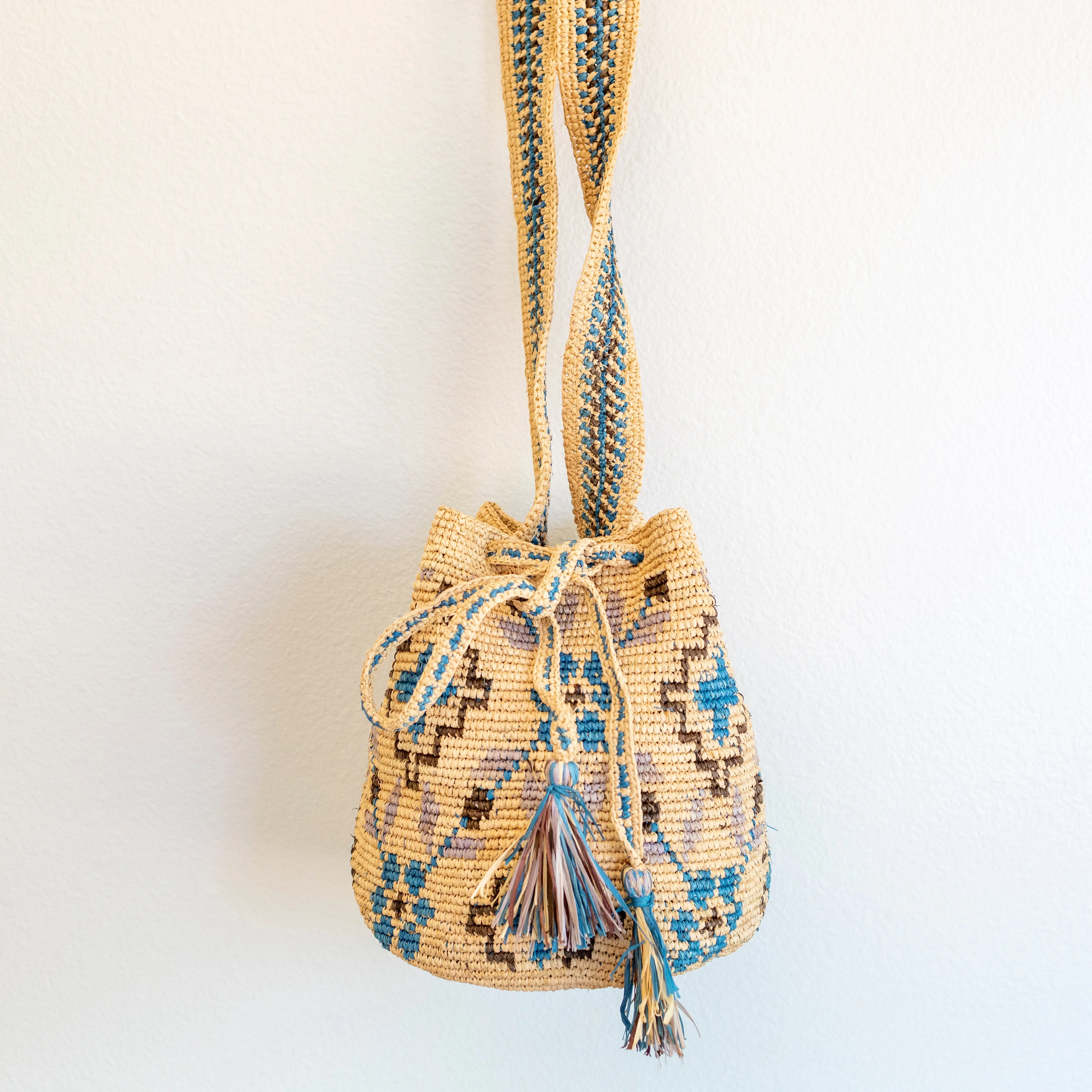 Elena Handbags Women's Raffia Straw Wayuu Crossbody Bucket Bag