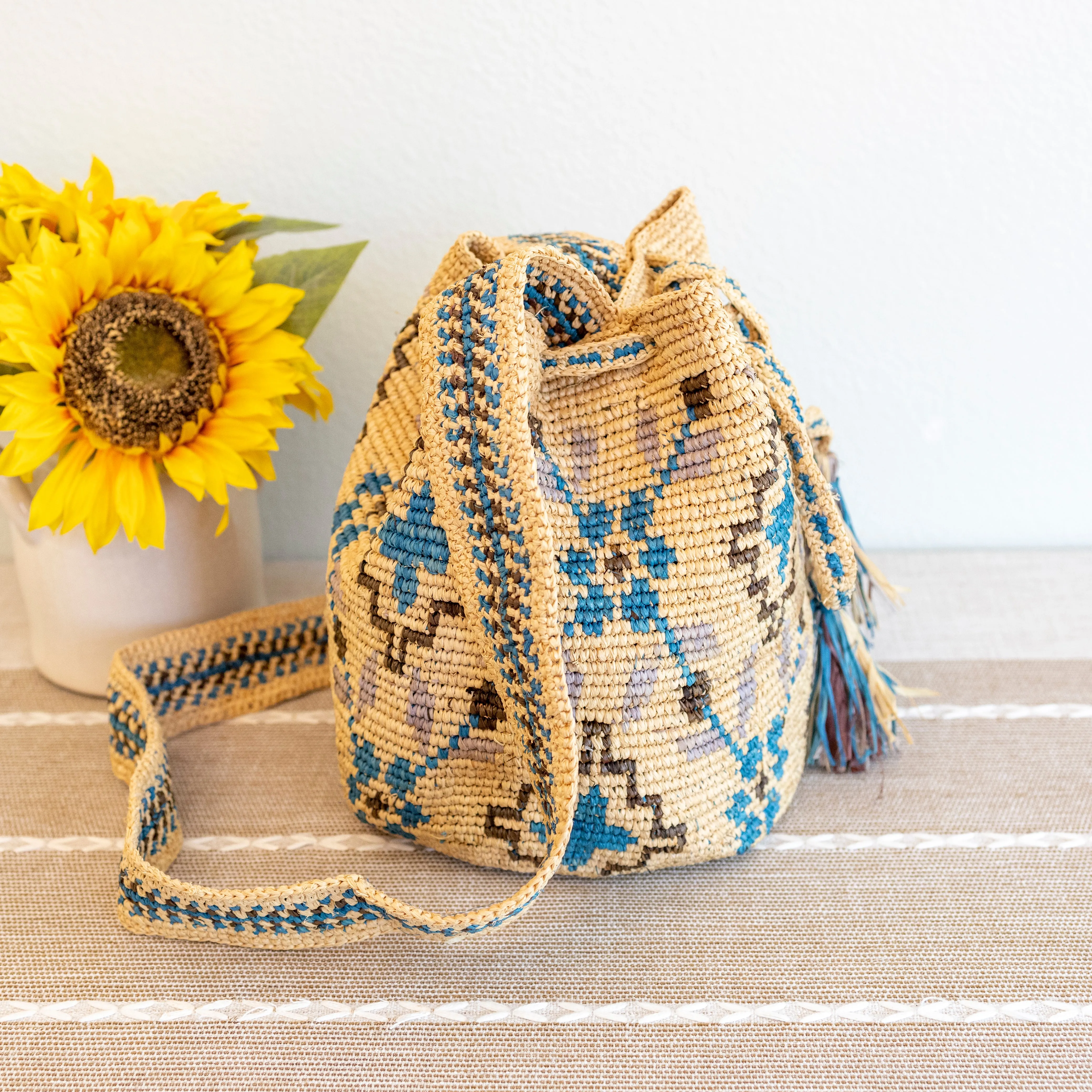 Elena Handbags Women's Raffia Straw Wayuu Crossbody Bucket Bag