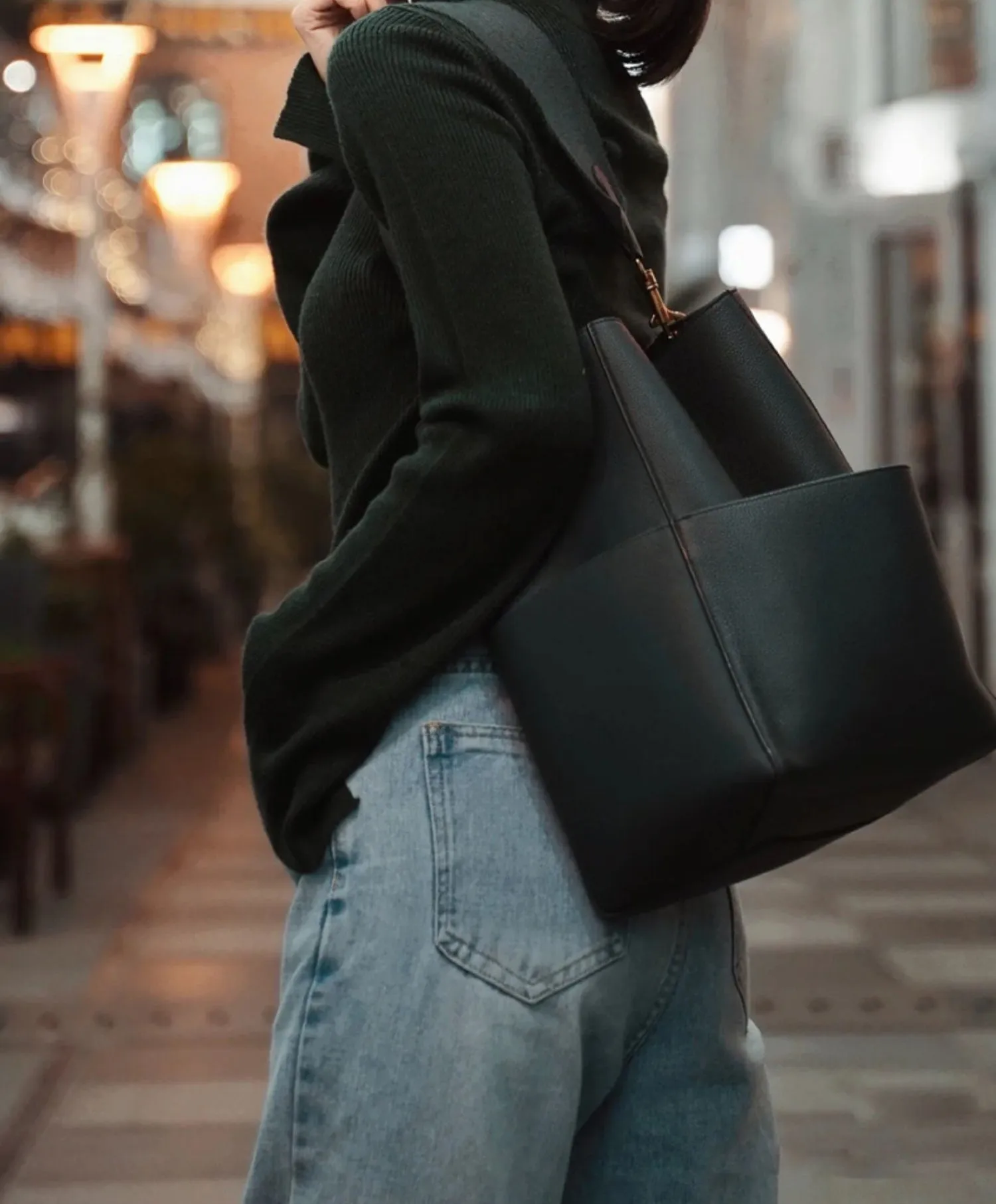 Extra Large Genuine Leather Bucket Bag, Minimalist Classic Leather Tote Bag, Fashion Designer Shoulder Bag Wide Strap, Gift For Her