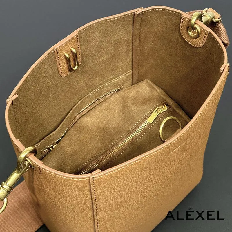 Genuine Leather Bucket Bag, Minimalist Classic Leather Tote Bag, Fashion Designer Shoulder Bag Wide Strap Tan, Green, Blue, Gift For Her