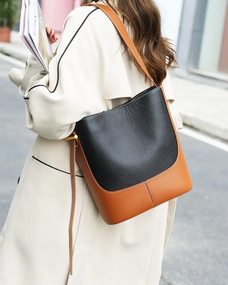 Khaki & Brown Leather Shoulder Bag, Khaki Brown Women Minimalist Handbag, Two-tone Bucket Bag, Women Tote Chic bag