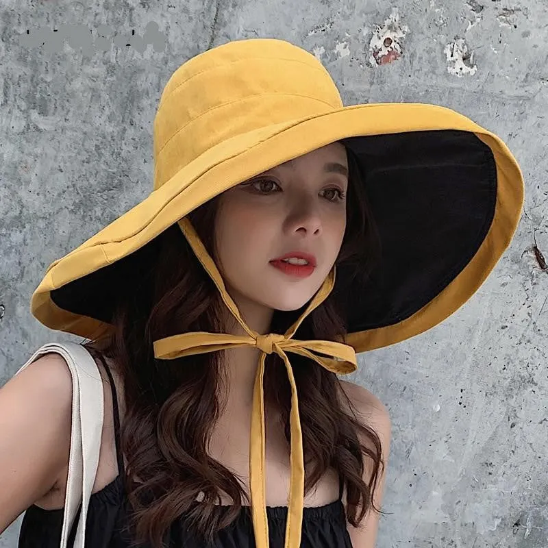 Wide-Brim Bucket Hat Summer Sun 7 Colors 2-Sided Adjustable Chin Strap