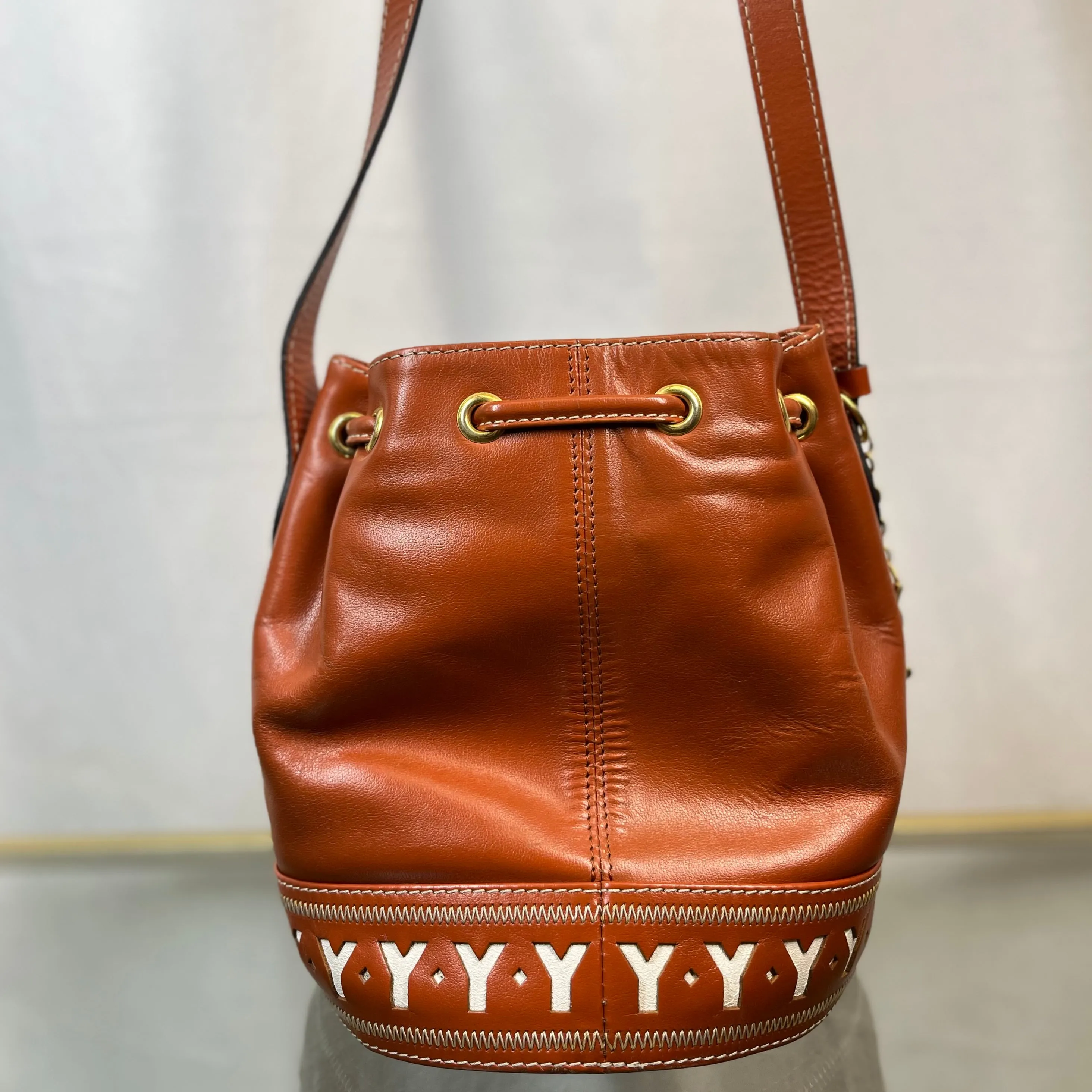 YVES SAINT LAURENT Brown Leather Y Charm Bucket Bag TS3782